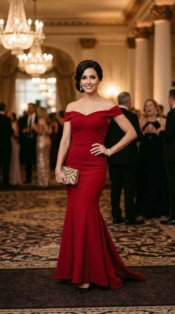 Full-length editorial photograph of a woman smiling and posing in an elegant off-the-shoulder red mermaid silhouette gown with a sweetheart neckline and draped bodice, holding a small gold clutch in a classic formal ballroom setting with blurred guests.