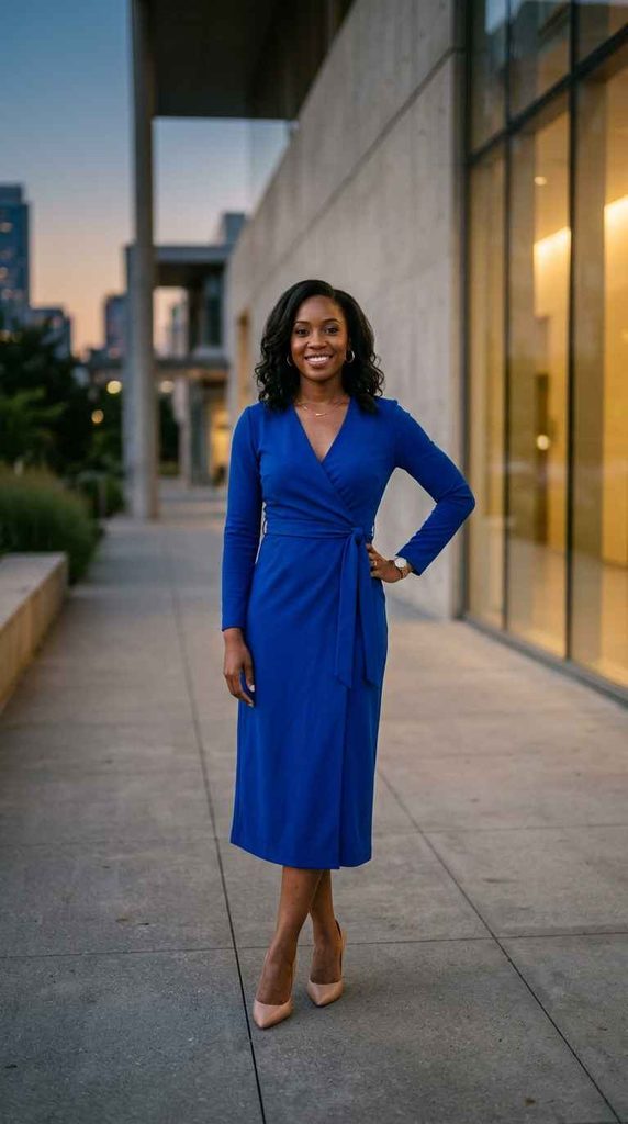 A full-length vertical photograph of a woman with curly black hair, smiling and posing in a modern outdoor urban plaza with concrete architecture and blurred city buildings at dusk. She is wearing a tailored royal blue long-sleeve wrap midi dress, paired with nude pointed-toe pumps and simple jewelry.