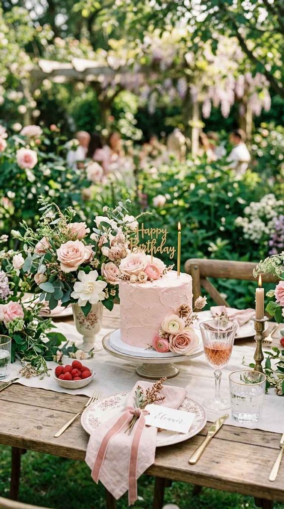 Garden birthday table setting with a pink cake and flower centerpiece. This scenic image allows for easy identification for the "Romantic Vibes" section