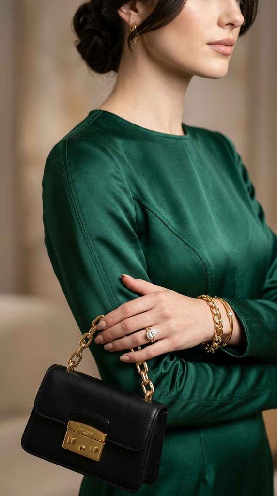 A detailed close-up shot focuses on a woman's manicured hands and gold chain-link bracelets and ring, resting on a small black leather handbag with a prominent gold chain and clasp, against the backdrop of her long-sleeved emerald green satin midi dress. The lighting highlights the sheen of the fabric and the jewelry.