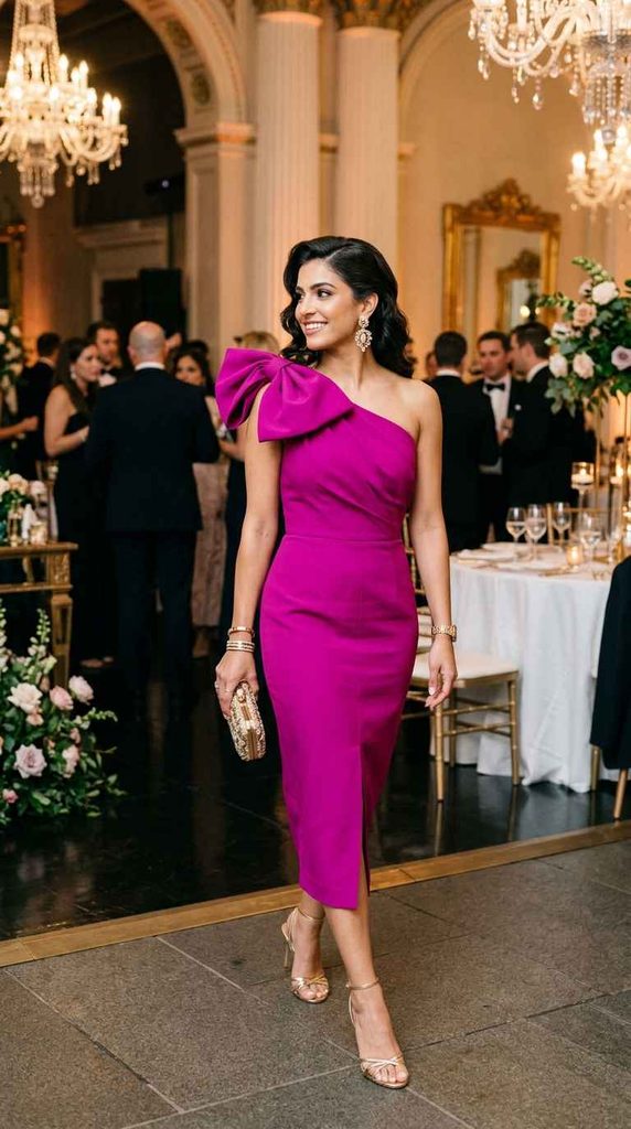 A confident woman walking at an indoor evening wedding reception, wearing a vibrant magenta pink one-shoulder midi dress featuring a large statement bow on the shoulder and a front leg slit, carrying a gold clutch