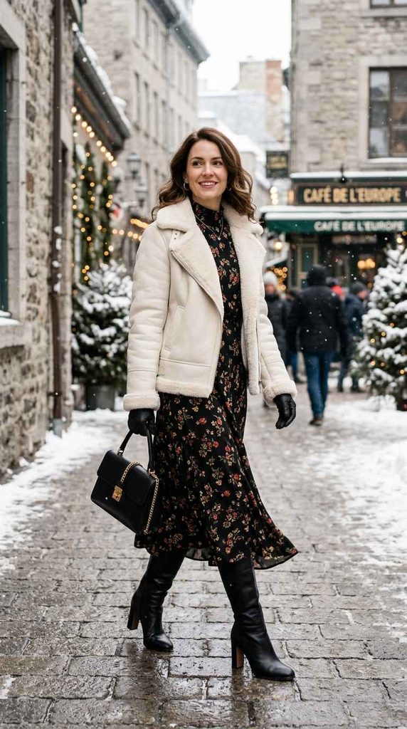 A full-length photograph of a smiling woman walking on a snowy city street adorned with festive lights and winter greenery, wearing a short cream shearling jacket layered over a black floral mock-neck maxi dress, complete with black leather gloves, black knee-high boots, and a black handbag.