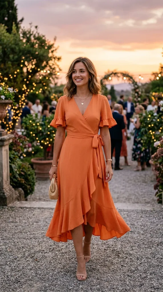 A woman walking outdoors at sunset wearing a romantic orange wrap-style midi dress with a V-neckline, short flutter sleeves, a waist tie, and a cascading ruffled high-low hem, carrying a small woven bag.
