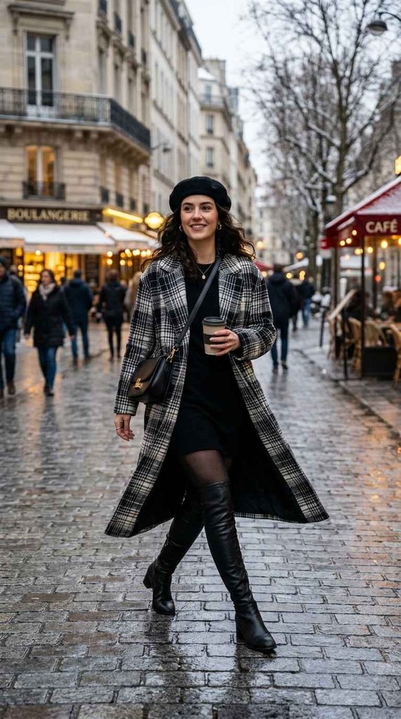 A chic street style outfit combining a black and white plaid long coat over a black mini dress, accessorized with black over-the-knee boots and a beret, perfect for Classy Dress Outfit Ideas for Women of Every Age.