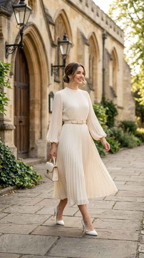 Woman wearing a cream pleated midi dress with long sleeves and waist belt for an elegant church outfit