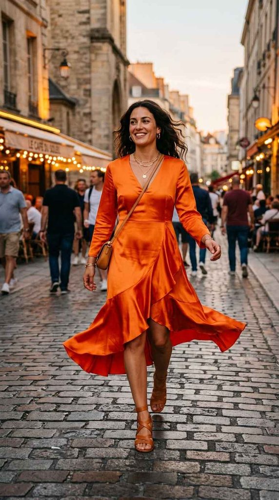 Full-length candid photograph of a woman barefoot in an orange satin midi wrap dress, fanning out the ruffled hem as she walks down a dirt path in a golden hour field.