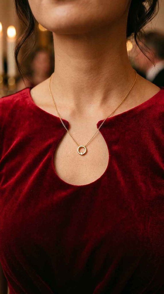 Close-up styled photograph focusing on the high neckline and front keyhole cutout of a red formal dress, highlighting a simple gold pendant necklace resting just inside the reveal, with a blurred formal background.