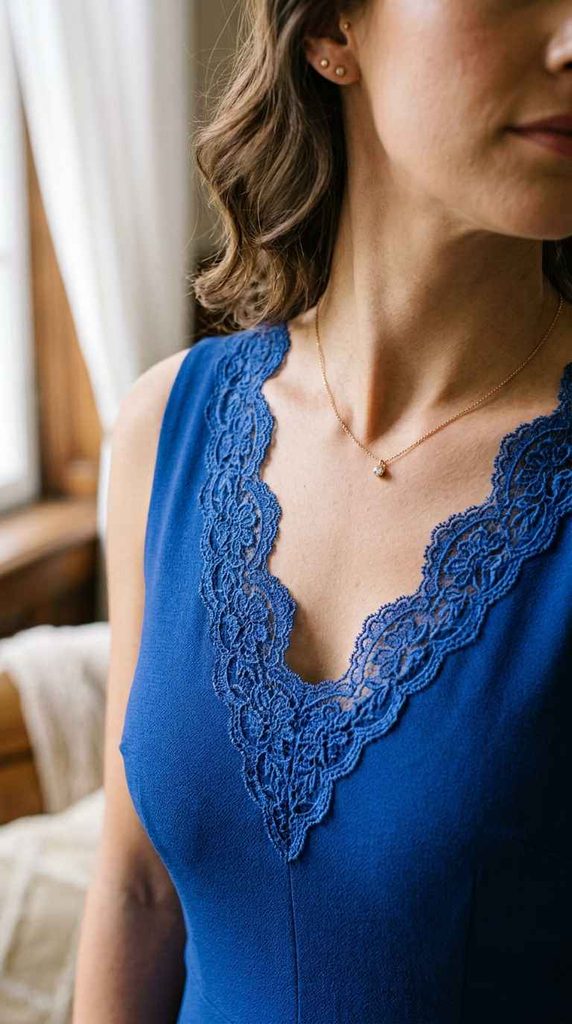 A close-up vertical photograph focusing on the V-neckline of a royal blue floral lace midi dress, highlighting the scalloped lace trim and the fitted bodice. A delicate gold pendant necklace is visible on the collarbone, and gold stud earrings are worn. The background is a soft-focus blurred window and indoor setting.