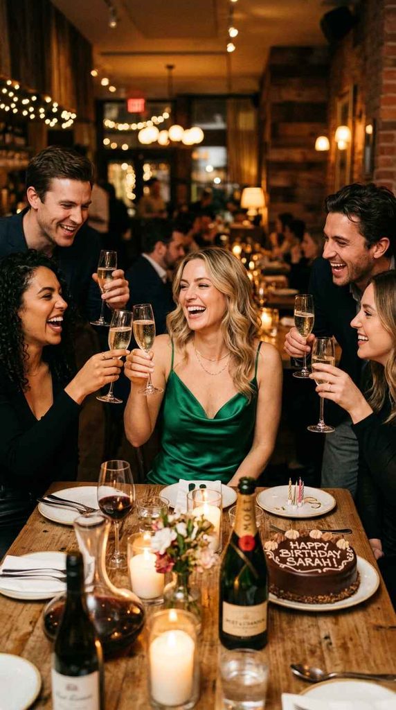 Friends toasting with champagne around a candlelit birthday dinner table. This image ensures the closing toast moment matches the final call to action