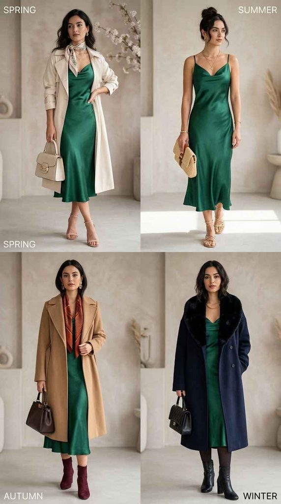 A four-panel grid shows a woman wearing the same emerald green satin midi dress, with variations for each season: "SPRING" (two looks: with a white trench coat and scarf, or on its own), "SUMMER" (just the dress with natural accessories), "AUTUMN" (with a camel coat and scarf, dark boots, and bag), and "WINTER" (with a dark navy faux fur-collared coat, black boots, and bag).