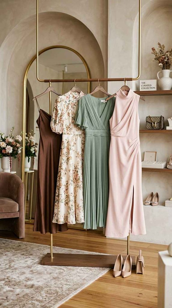 An aesthetic gold clothing rack displaying a curated collection of four elegant wedding guest midi dresses, including a chocolate brown satin slip dress, a cream floral puff-sleeve dress, a sage green pleated dress, and a blush pink high-neck dress.