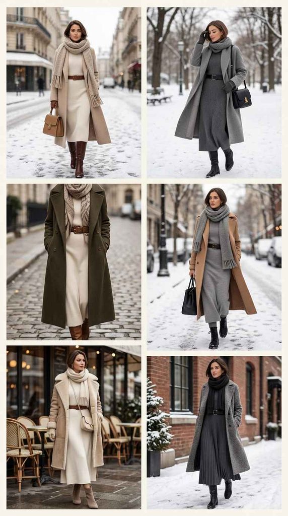 A collage of six different photos showing women modeling various winter maxi dress outfits on snowy city streets, featuring long tailored wool coats in neutral tones like camel, grey, and olive green layered over knit maxi dresses and styled with thick winter scarves, waist belts, handbags, and boots.