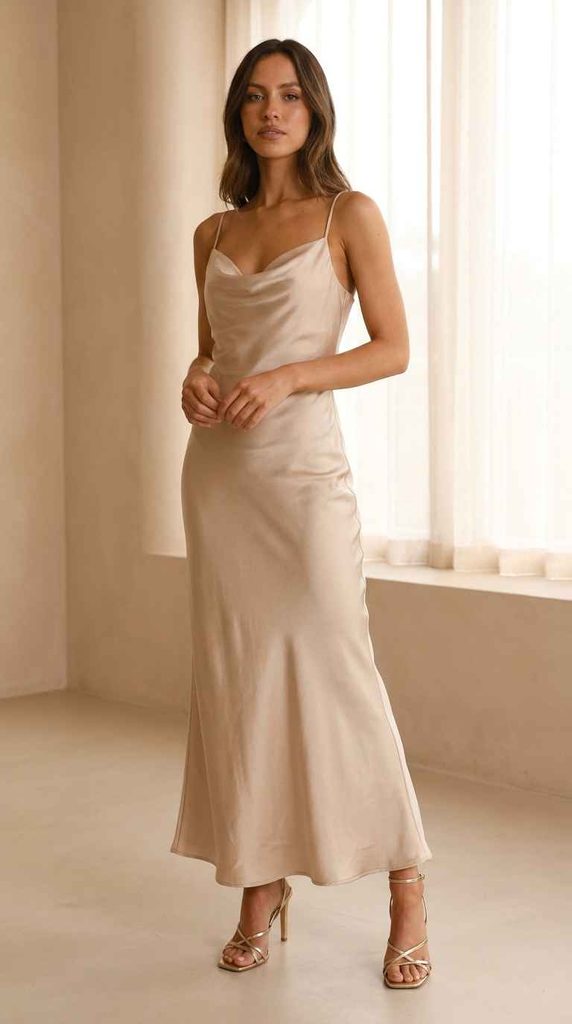 A full-length photograph of a woman standing in a minimal room, wearing a champagne satin maxi slip dress featuring a draped cowl neckline and delicate spaghetti straps, paired with gold strappy heels.