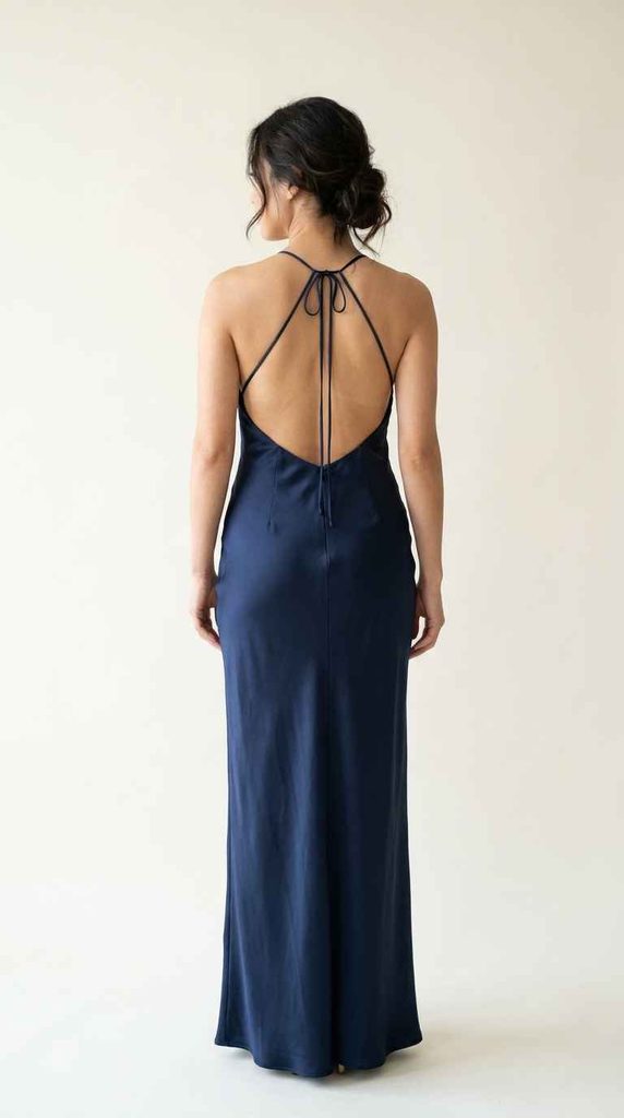 A photograph showing the back view of a woman wearing a navy blue satin halter dress, focusing on the striking open back secured by an arrangement of thin tied straps