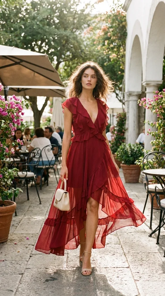 A full-length photograph of a woman walking past a vibrant outdoor cafe courtyard, wearing a romantic red chiffon ruffled high-low dress, styled with a small cream handbag and neutral low-heeled sandals.