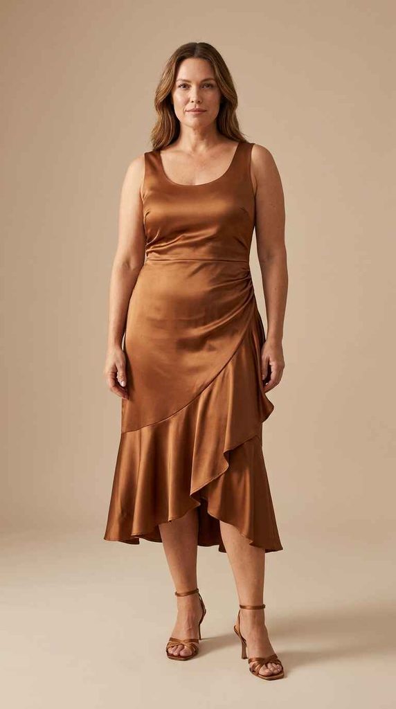 A full-length photograph of a woman standing against a neutral studio background, wearing a bronze satin midi dress featuring a scoop neckline, side waist gathering, and an asymmetrical draped ruffled hem, styled with matching bronze strappy heels.