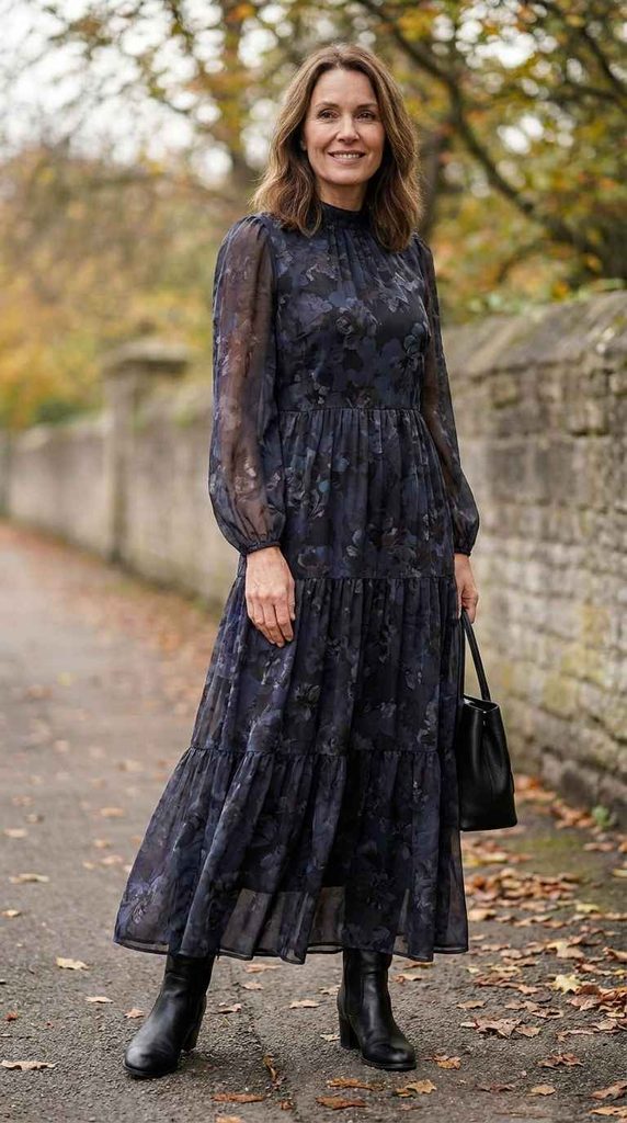 A full-length photograph of a smiling woman standing on a path scattered with autumn leaves, wearing a dark sheer floral maxi dress featuring a high neckline, long puff sleeves, and a tiered skirt, accessorized with a black handbag and black ankle boots.