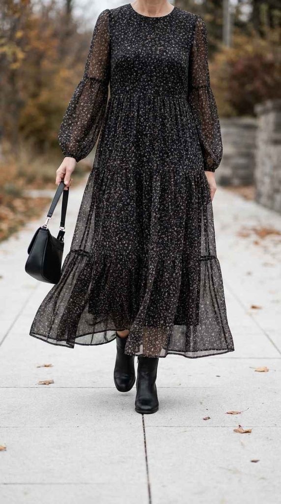A photograph focusing on the lower half of a woman walking along a paved path, showing the flowing tiers of a dark sheer floral maxi dress above black ankle boots, with a black handbag held clear of the moving skirt.