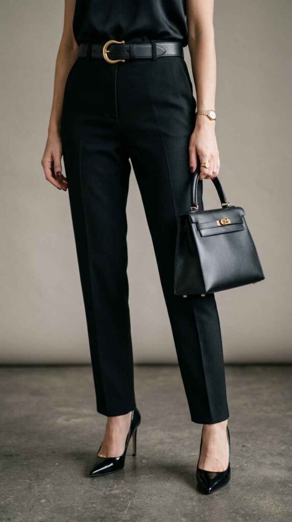 A close-up fashion photograph focusing on a woman's lower half, wearing tailored black trousers, a black leather belt with a gold buckle, and black pointed-toe pumps, while holding a structured black top-handle handbag.