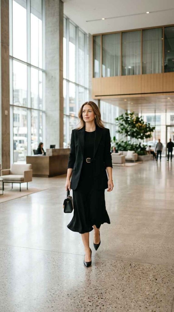 A full-length photograph of a confident woman walking through a bright modern office lobby, wearing a tailored black blazer over a black midi dress cinched with a black and gold belt, accessorized with black pointed-toe pumps and a compact black handbag.