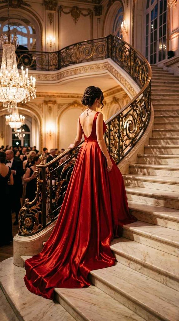 A photograph of a woman wearing a long, backless red satin gown, walking up a grand marble staircase featuring ornate gold railings and a large crystal chandelier.