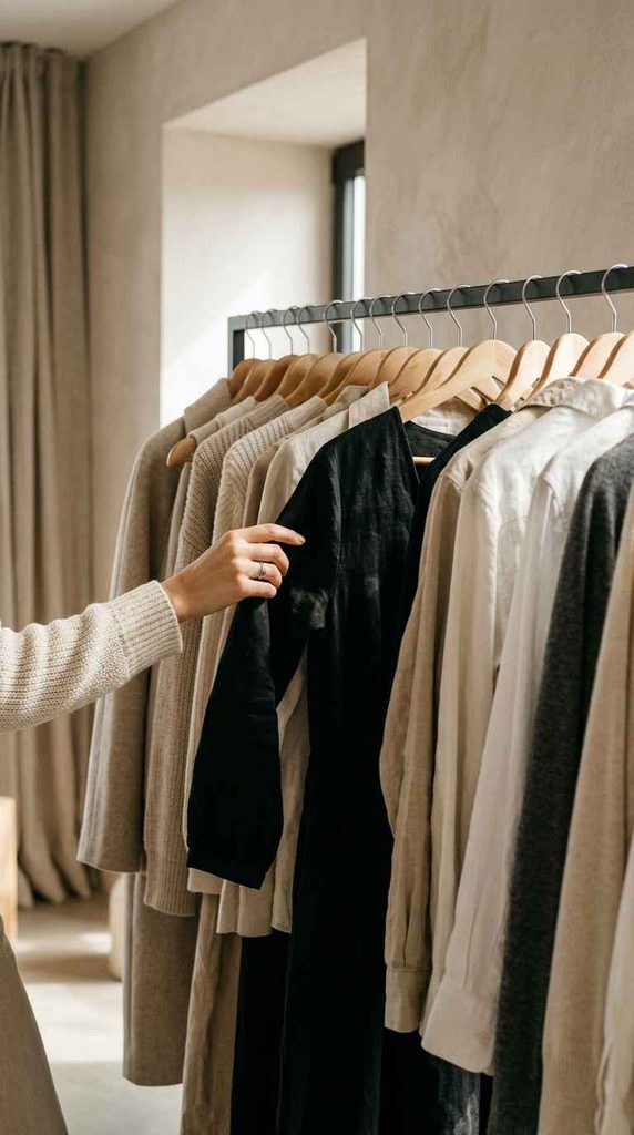 A close-up photograph of a woman's hand selecting a black dress from a minimalist clothing rack filled with neutral-toned garments.