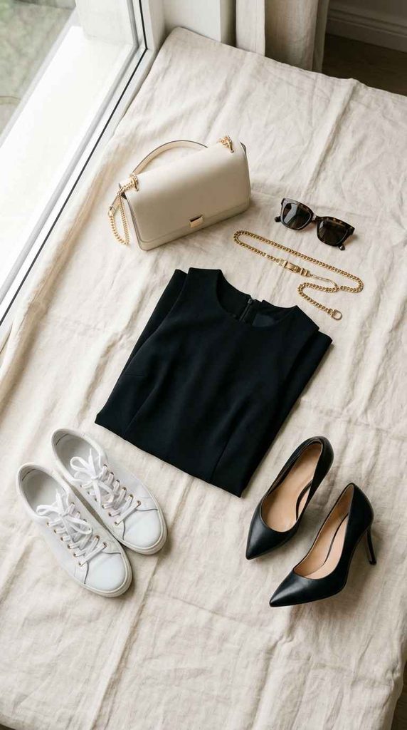 A styled flat lay on a cream linen background featuring a folded black dress surrounded by casual and dressy accessories, including white sneakers, black pointed-toe pumps, a gold chain belt, a cream shoulder bag, and sunglasses.