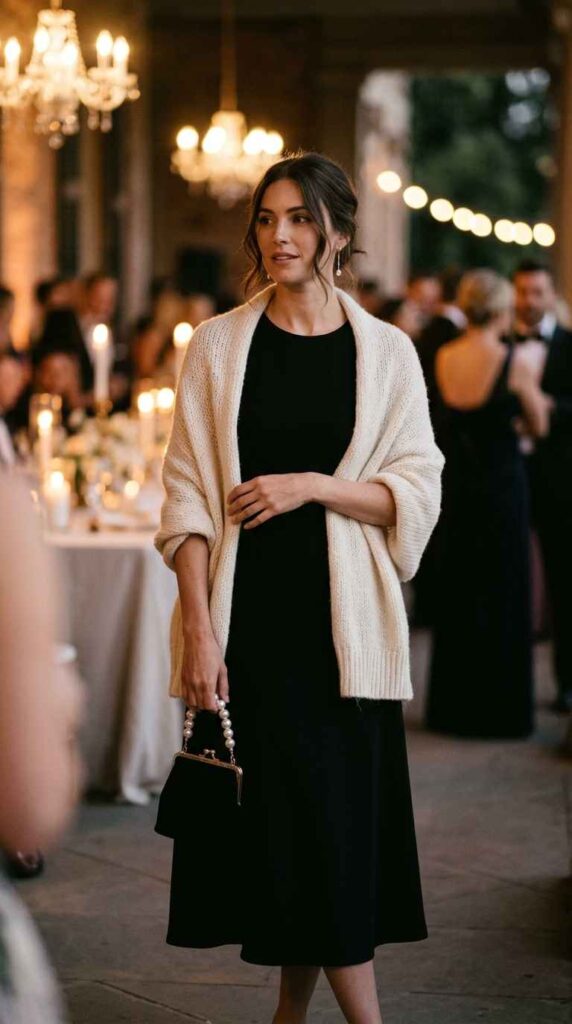 A photograph of an elegant woman standing at a candlelit evening reception, wearing a black midi dress draped with a cozy cream knit shawl and holding a small vintage-style pearl-handle handbag.