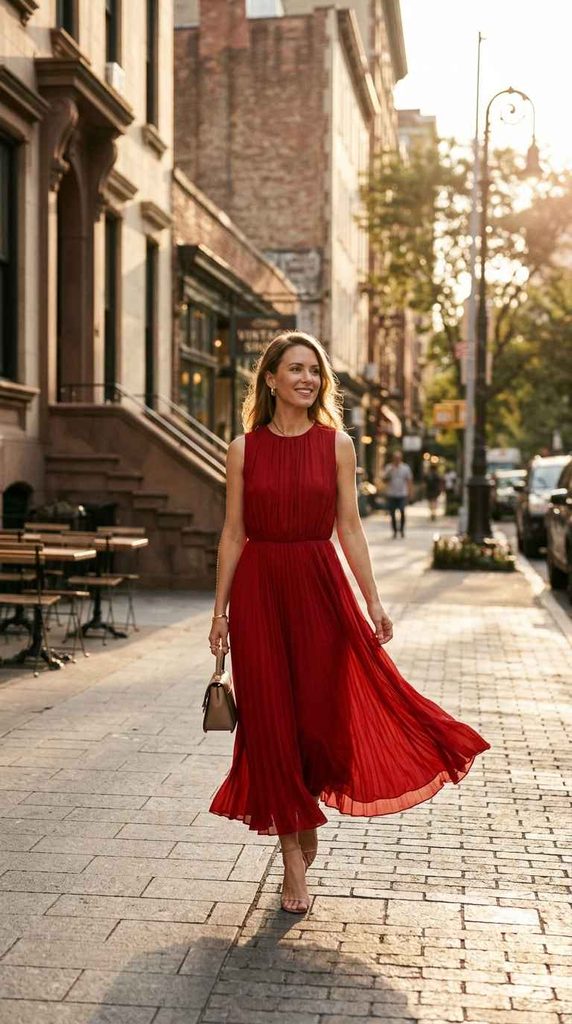 A full-length photograph of a smiling woman walking down a sunlit city street, wearing a flowing red pleated midi dress and carrying a small handbag.