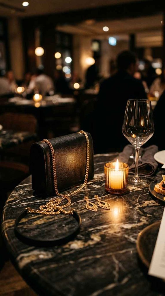 An elegant evening still life on a dark marble restaurant table, featuring a small black chain-strap handbag, delicate gold earrings, a lit candle, and a wine glass with softly blurred diners in the background.