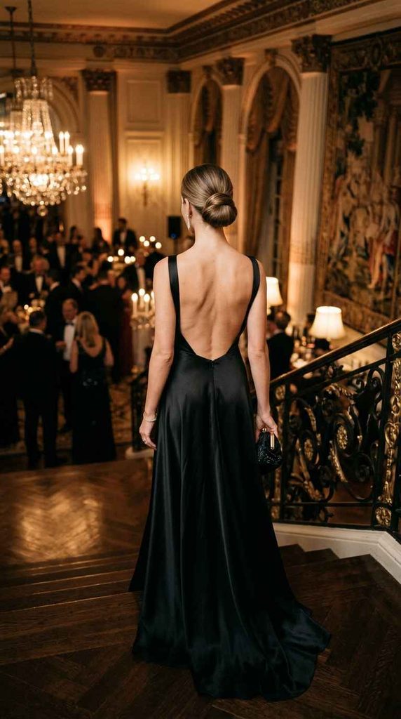 A woman seen from behind descending a grand staircase in a luxurious, chandelier-lit event space, wearing an elegant black satin gown with a low open back and holding a small black clutch.