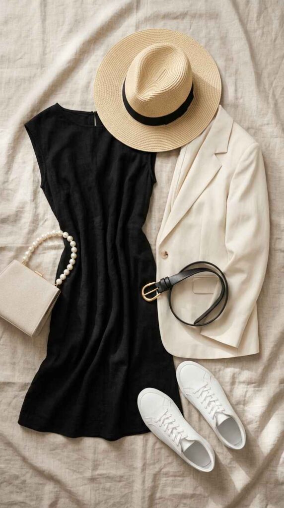 A styled flat lay on a light linen background featuring a folded black dress arranged with a cream blazer, a straw hat with a black band, a black leather belt, a small cream handbag, and white sneakers.