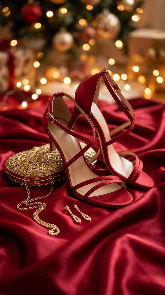A festive still life photograph showing a pair of red strappy high heels, a decorative gold clutch, and earrings resting on red satin fabric, with softly blurred holiday fairy lights in the background.