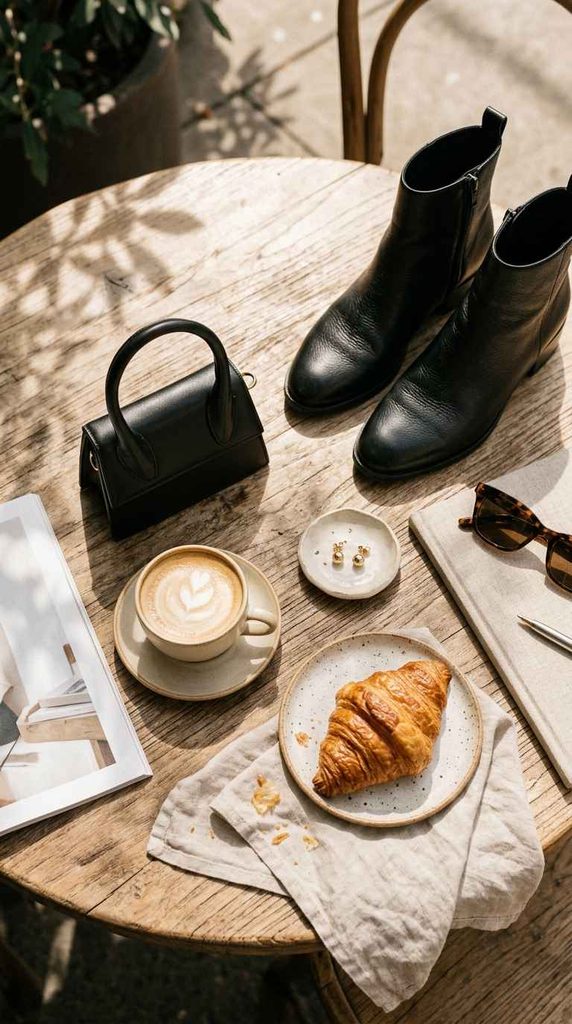 A sunny lifestyle flat lay on a round wooden cafe table displaying black leather ankle boots, a structured mini black top-handle bag, a cup of coffee, a croissant, small gold stud earrings, and tortoiseshell sunglasses.