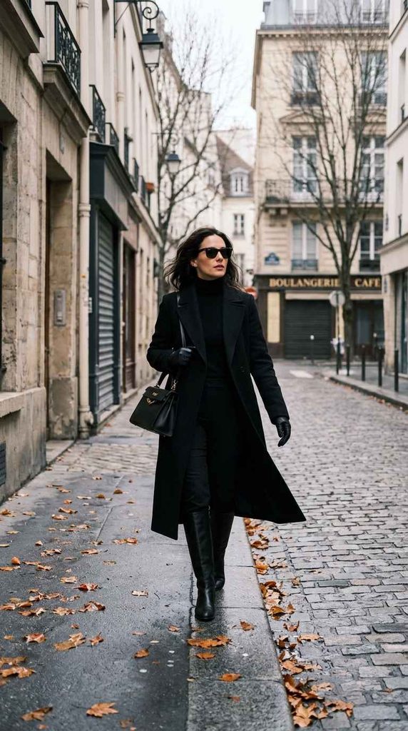 A stylish woman walking down a European city street on a crisp day, wearing a monochromatic winter outfit that includes a long tailored black coat, a black turtleneck, black knee-high boots, leather gloves, a handbag, and sunglasses.