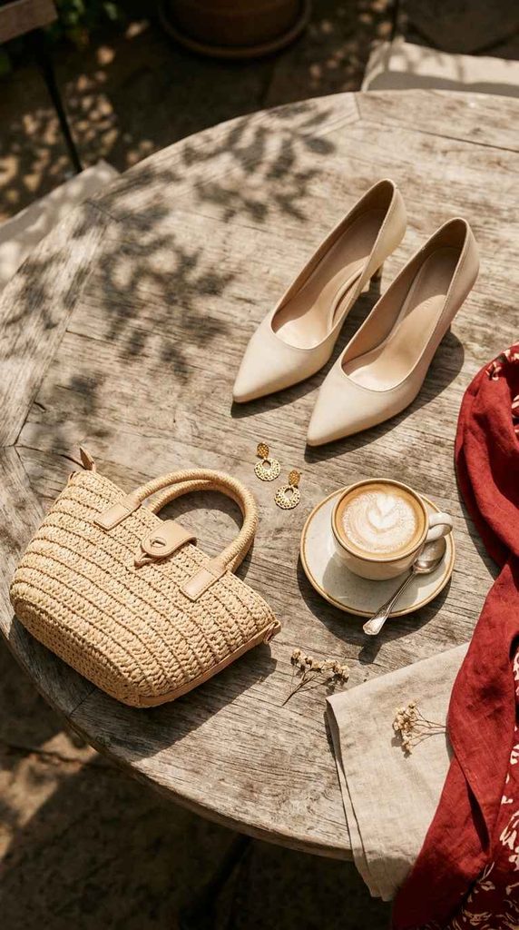An outdoor flat lay photograph on a wooden table featuring a pair of cream pointed-toe heels, a small woven straw handbag, gold earrings, a cup of coffee, and a draped piece of red fabric.