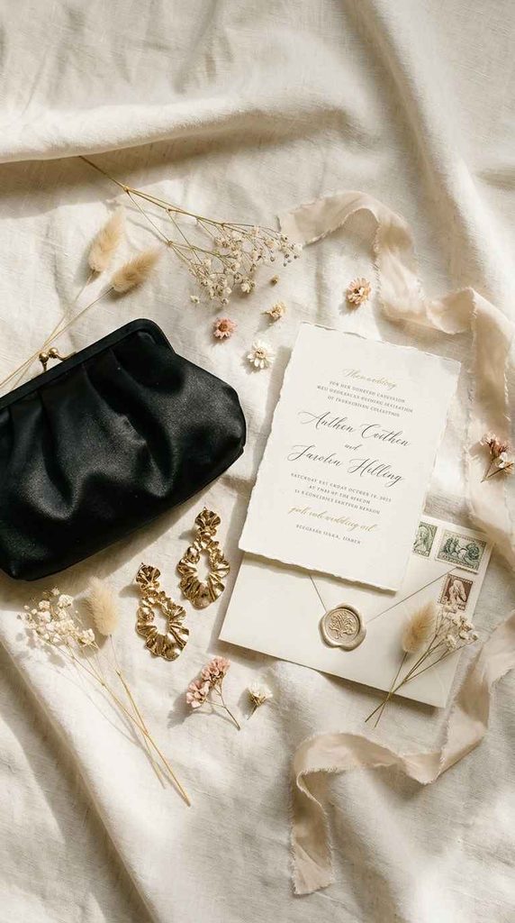A romantic flat lay on soft cream linen showcasing a black satin clutch, statement gold earrings, a formal wedding invitation with a wax seal, and delicate dried flowers.