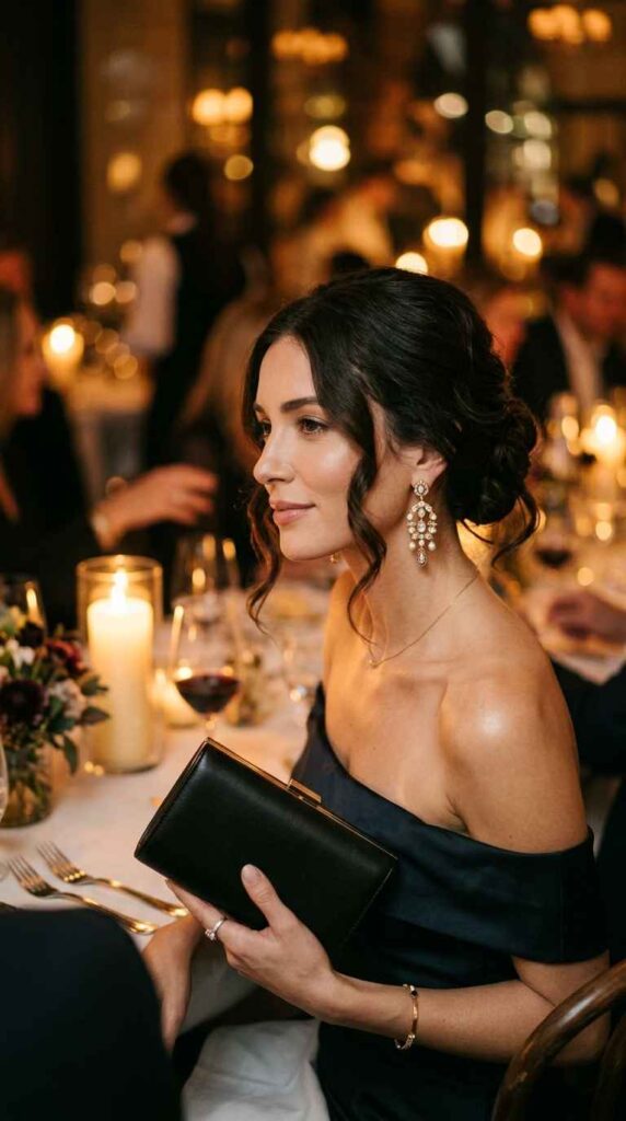 A glamorous portrait of a woman sitting at a warm, candlelit dinner table, wearing a black off-the-shoulder dress and statement pearl drop earrings, holding a sleek black evening clutch.
