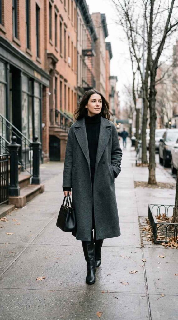 A full-length photograph of a stylish woman walking on a crisp winter city sidewalk, wearing a long charcoal grey coat layered over a black turtleneck dress, styled with black knee-high leather boots and a black handbag.