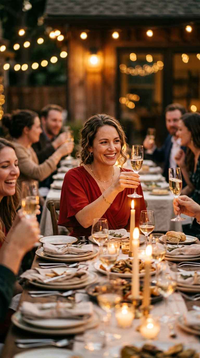 A warm lifestyle photograph of a smiling woman in a red dress raising a champagne glass in a toast during an elegantly lit outdoor evening dinner party with friends.