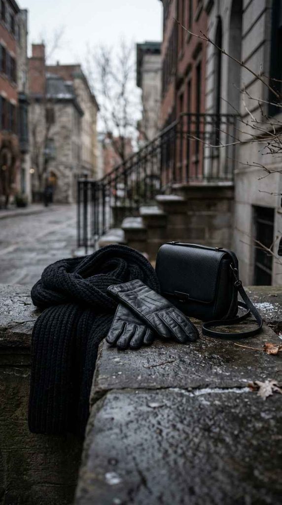 A cozy winter still life resting on a stone ledge along a city street, featuring a thick black knit scarf, black leather gloves, and a structured black crossbody bag.