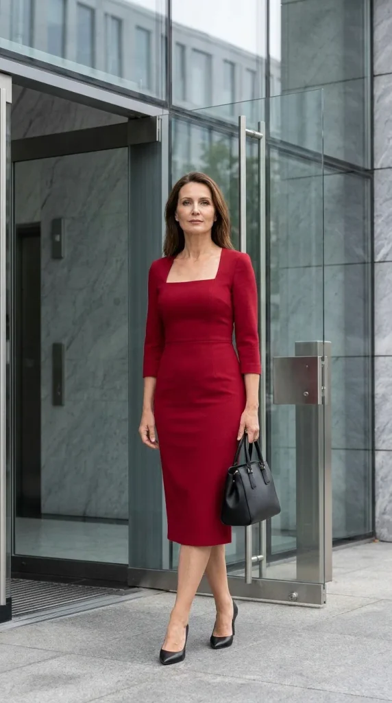 A photograph of an elegant woman stepping out of a modern glass building, wearing a fitted red square-neck pencil midi dress with three-quarter sleeves, carrying a structured black top-handle bag and wearing black pointed-toe pumps.