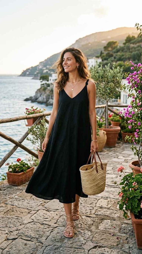 A smiling woman walking along a scenic coastal stone path with blooming flowers, wearing a breezy black summer midi dress and nude strappy sandals, carrying a woven straw tote bag.