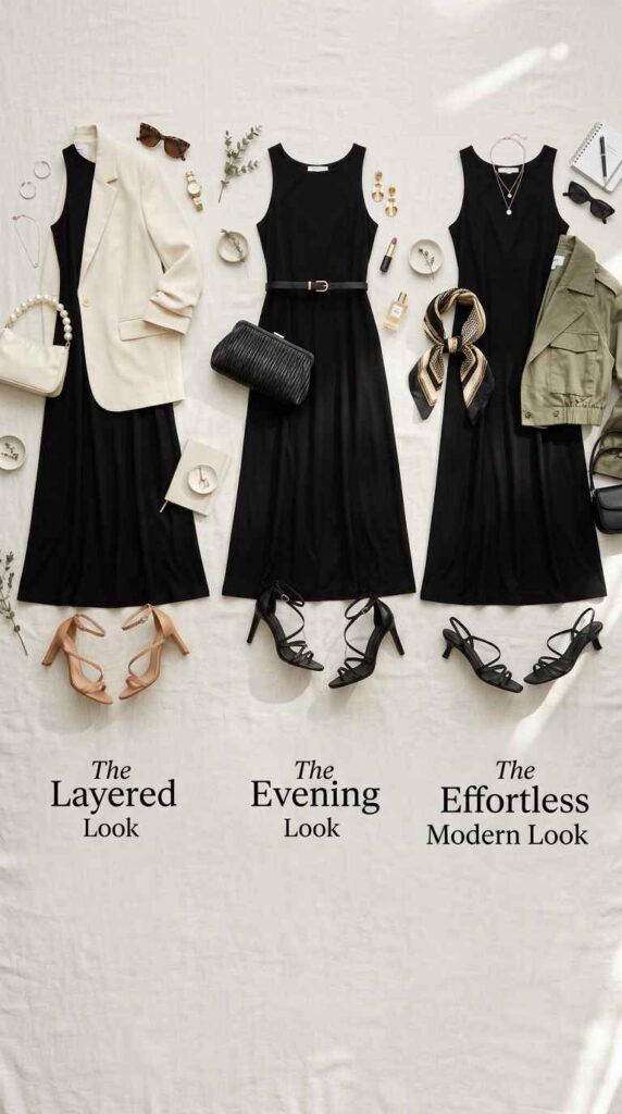 A flat lay image showcasing three different ways to style a black midi dress, labeled "The Layered Look" featuring a cream blazer, "The Evening Look" featuring a black belt and clutch, and "The Effortless Modern Look" featuring an olive green jacket and patterned neck scarf.
