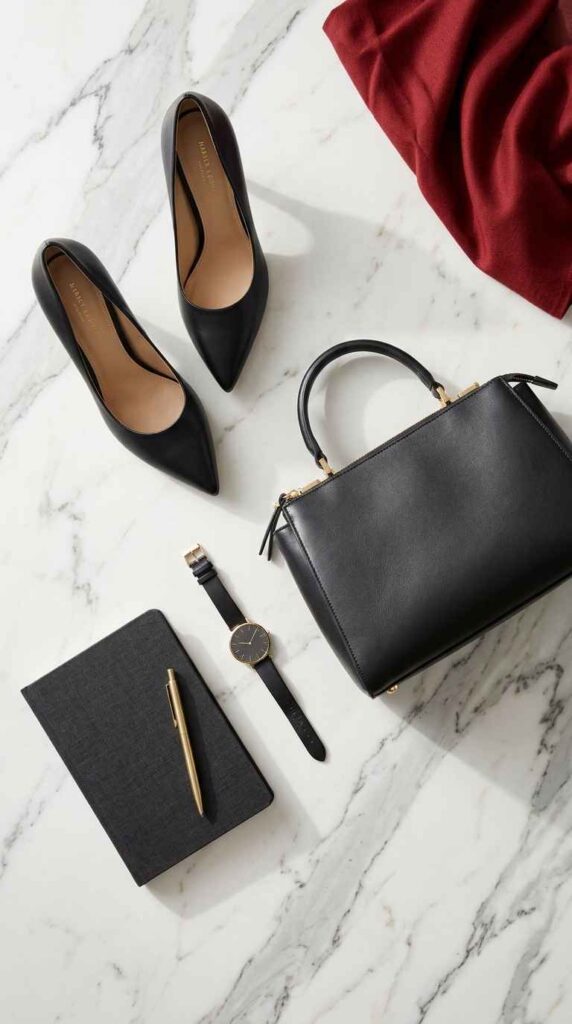 An elegant flat lay photograph on a white marble surface displaying a pair of black pointed-toe pumps, a structured black leather handbag, a black watch, a black notebook, a gold pen, and a corner of red fabric.