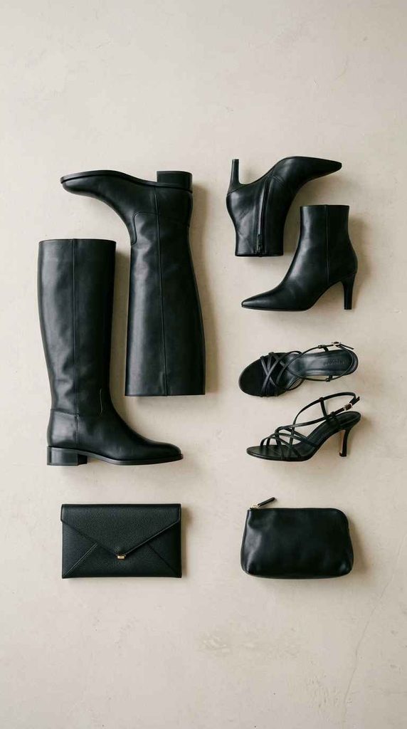 A clean, minimalist flat lay on a light beige background displaying a versatile collection of black accessories: knee-high leather boots, pointed-toe ankle boots, strappy high heels, a black envelope clutch, and a small black makeup pouch.