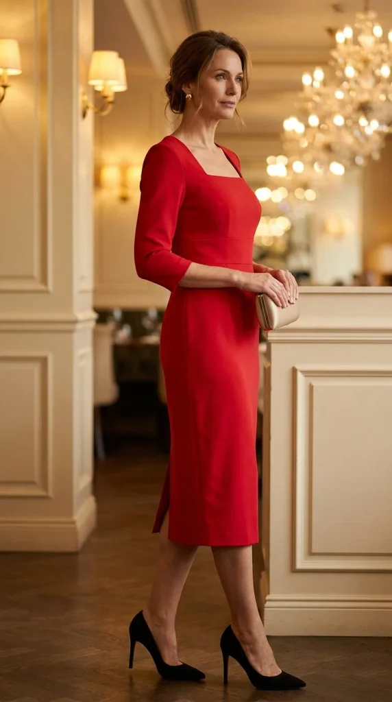 A photograph of a sophisticated woman standing inside an elegant, chandelier-lit room, wearing a red square-neck pencil midi dress with three-quarter sleeves, accessorized with a small light-colored clutch and black pointed-toe pumps.