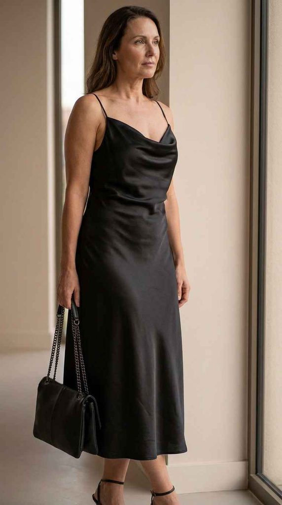 A close-up photograph showing the upper body of a woman wearing a black satin slip dress with a draped cowl neckline, holding a black chain-strap handbag at her side.
