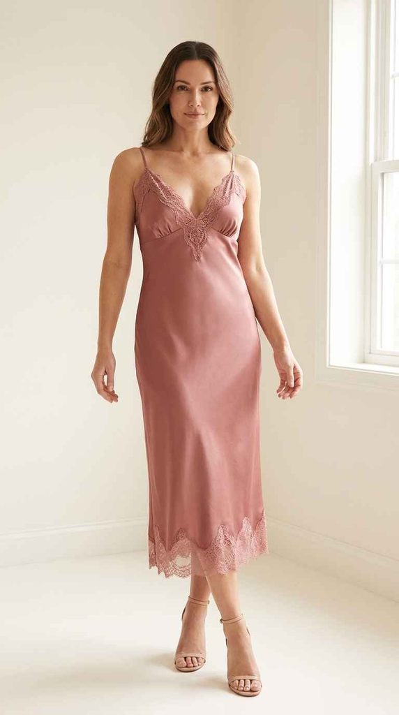 A full-length photograph of a woman wearing a dusty rose satin midi slip dress adorned with delicate lace trim at the deep V-neckline and hem, styled with nude strappy heels.