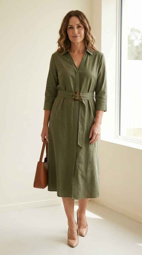 A full-length photograph of a woman wearing an olive green midi shirt dress with a collar, three-quarter sleeves, and a round-buckle waist belt, styled with a brown handbag and nude pointed-toe pumps.